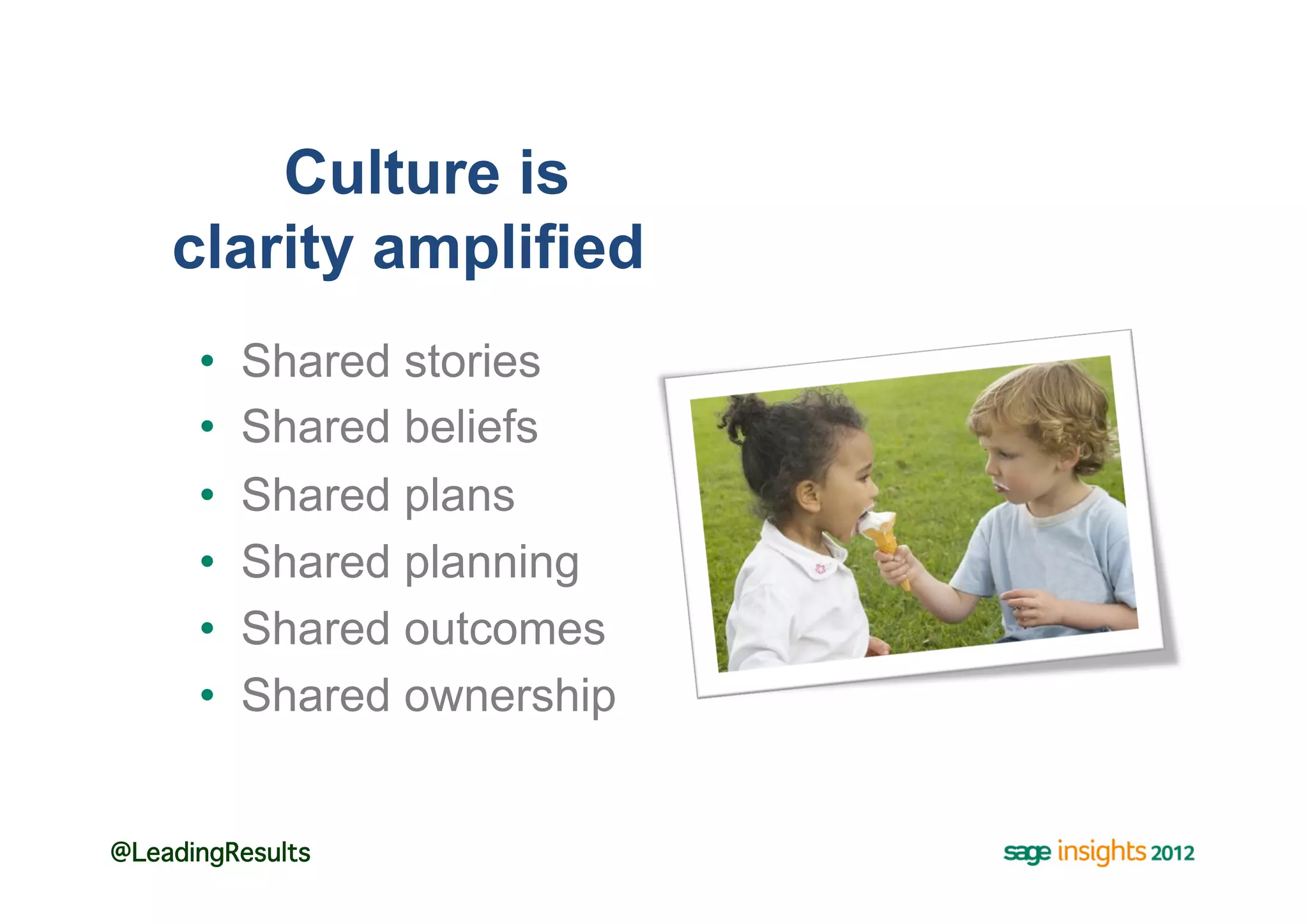 Culture is
    clarity amplified
      •    Shared stories
      •    Shared beliefs
      •    Shared plans
      •    Shared planning
      •    Shared outcomes
      •    Shared ownership


@LeadingResults!
 