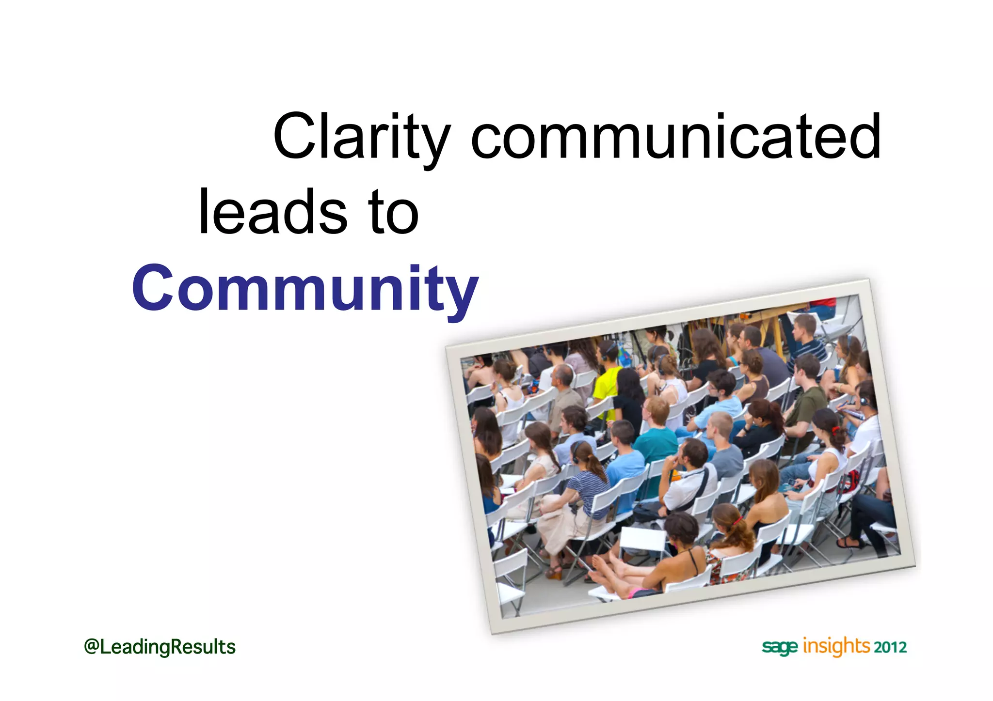 Clarity communicated
      leads to
    Community




@LeadingResults!
 