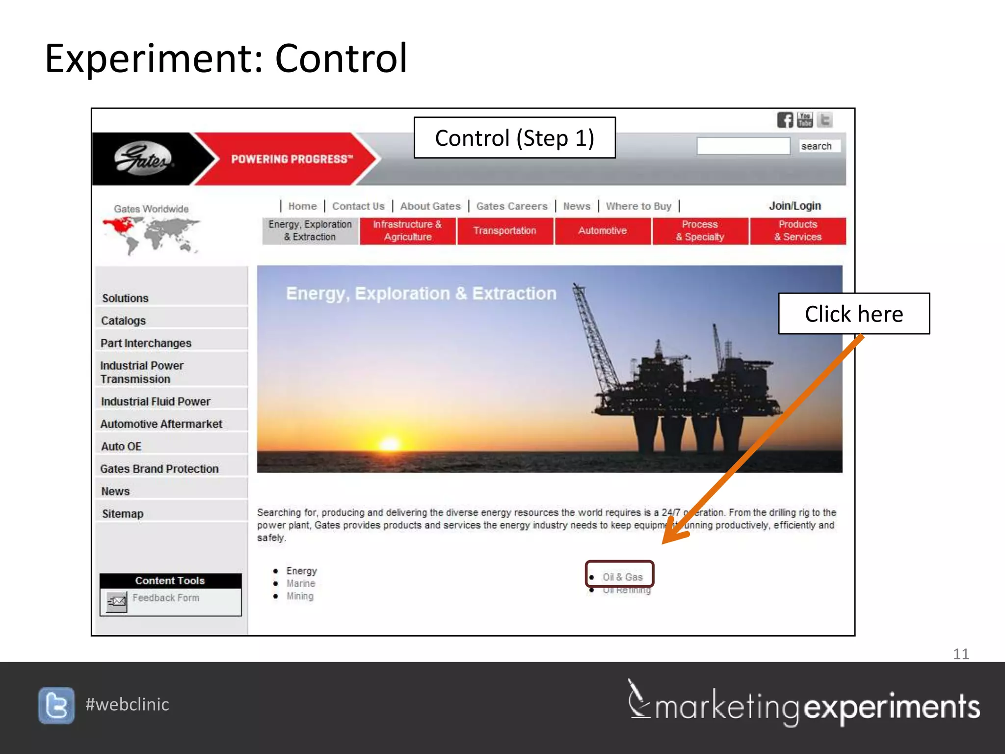 Experiment: Control
                      Control (Step 1)




                                         Click here




                                                      11


  #webclinic
 
