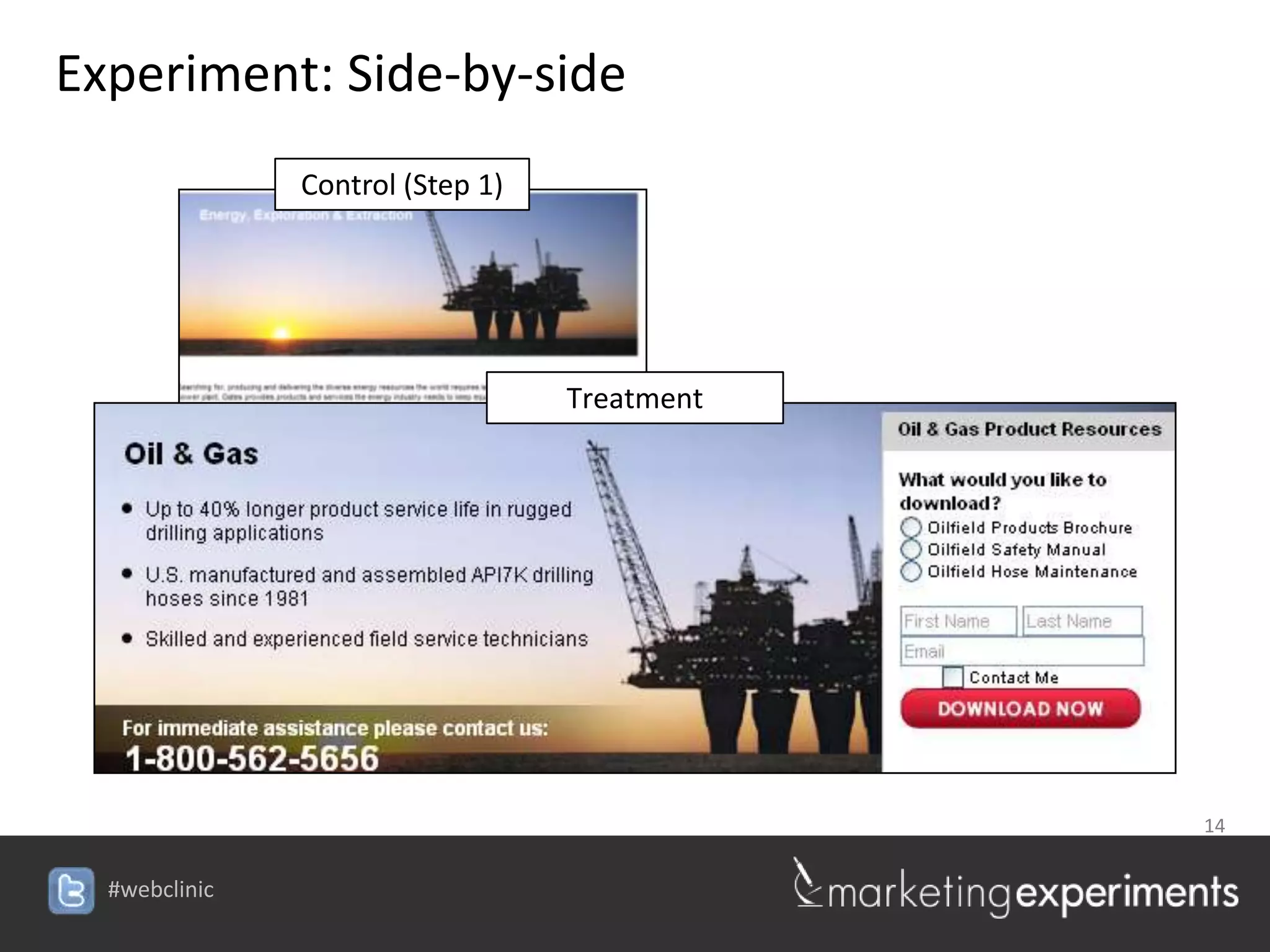 Experiment: Side-by-side
               Control (Step 1)




                                  Treatment




                                              14


  #webclinic
 