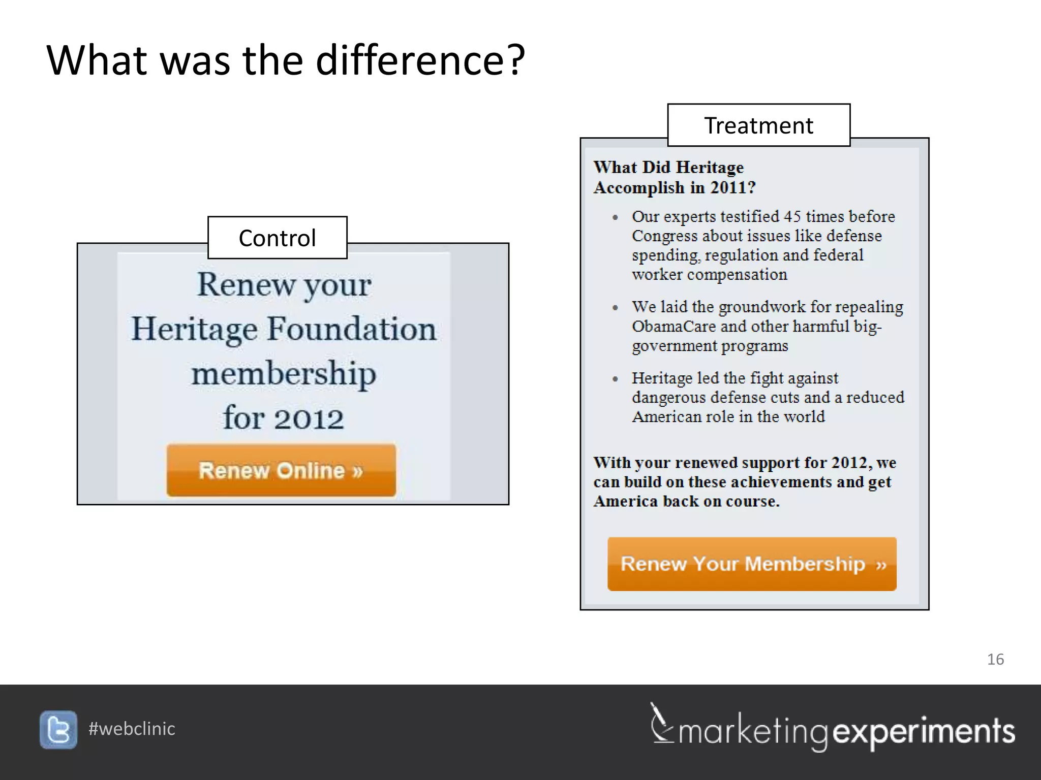 What was the difference?
                           Treatment



               Control




                                       16



  #webclinic
 