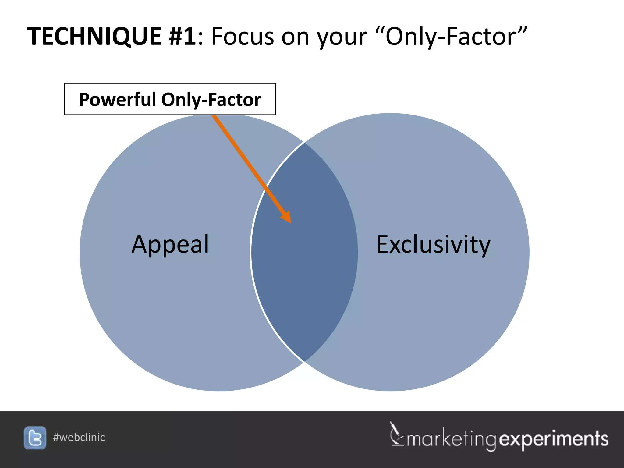 TECHNIQUE #1: Focus on your “Only-Factor”

      Powerful Only-Factor




               Appeal        Exclusivity




  #webclinic
 