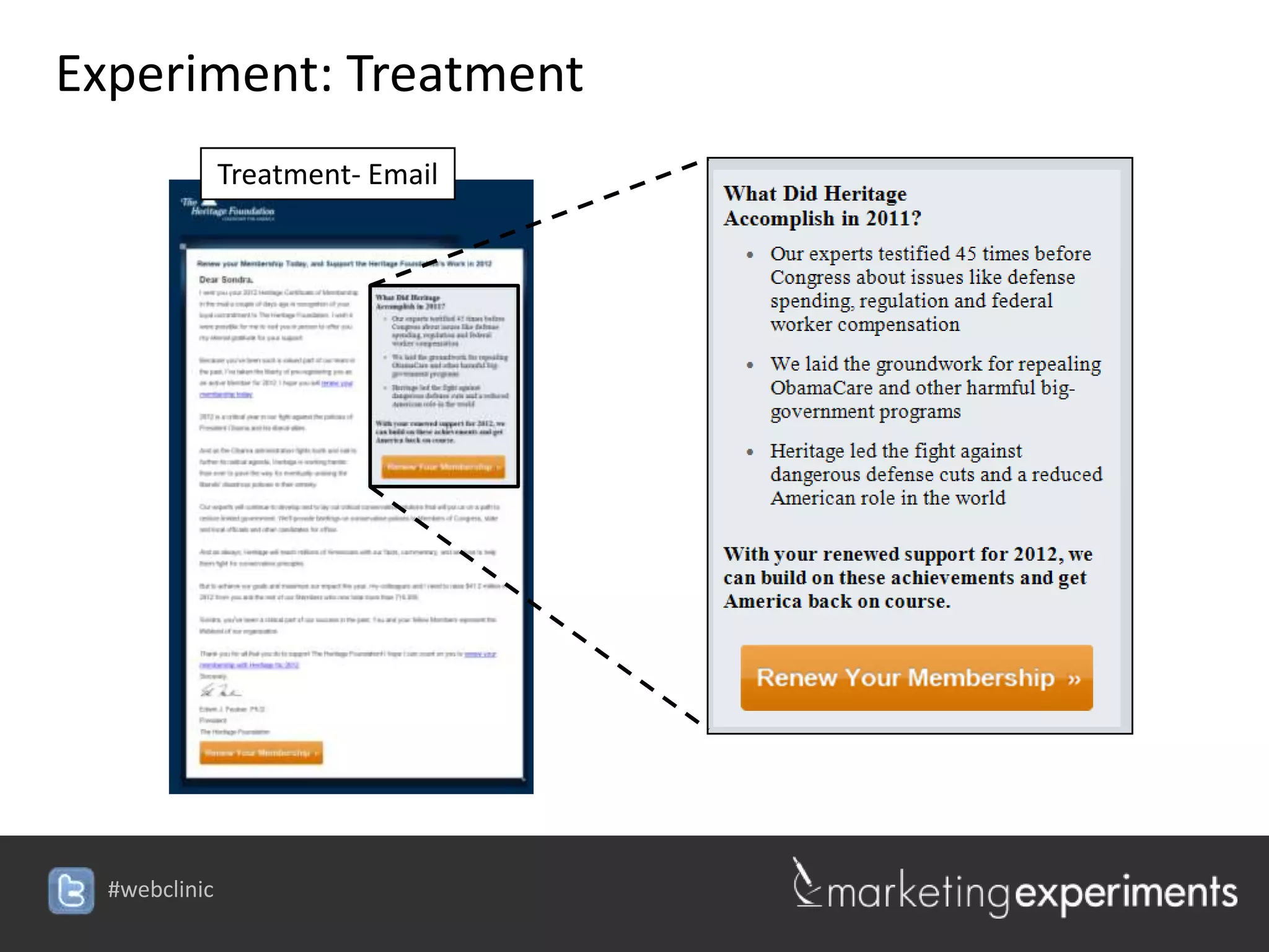 Experiment: Treatment
               Treatment- Email




  #webclinic
 