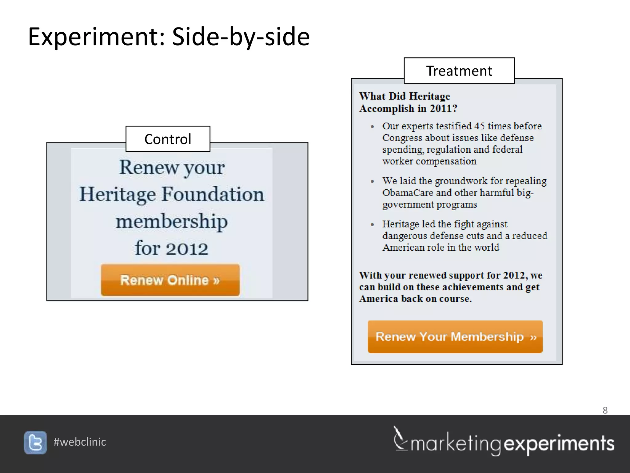 Experiment: Side-by-side
                           Treatment



               Control




                                       8


  #webclinic
 