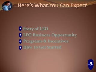 Story of LEO
LEO Business Opportunity
Programs & Incentives
How To Get Started
 