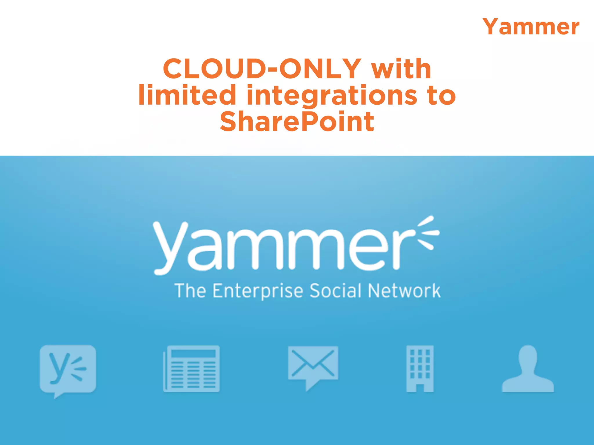 Yammer
CLOUD-ONLY with
limited integrations to
SharePoint
 