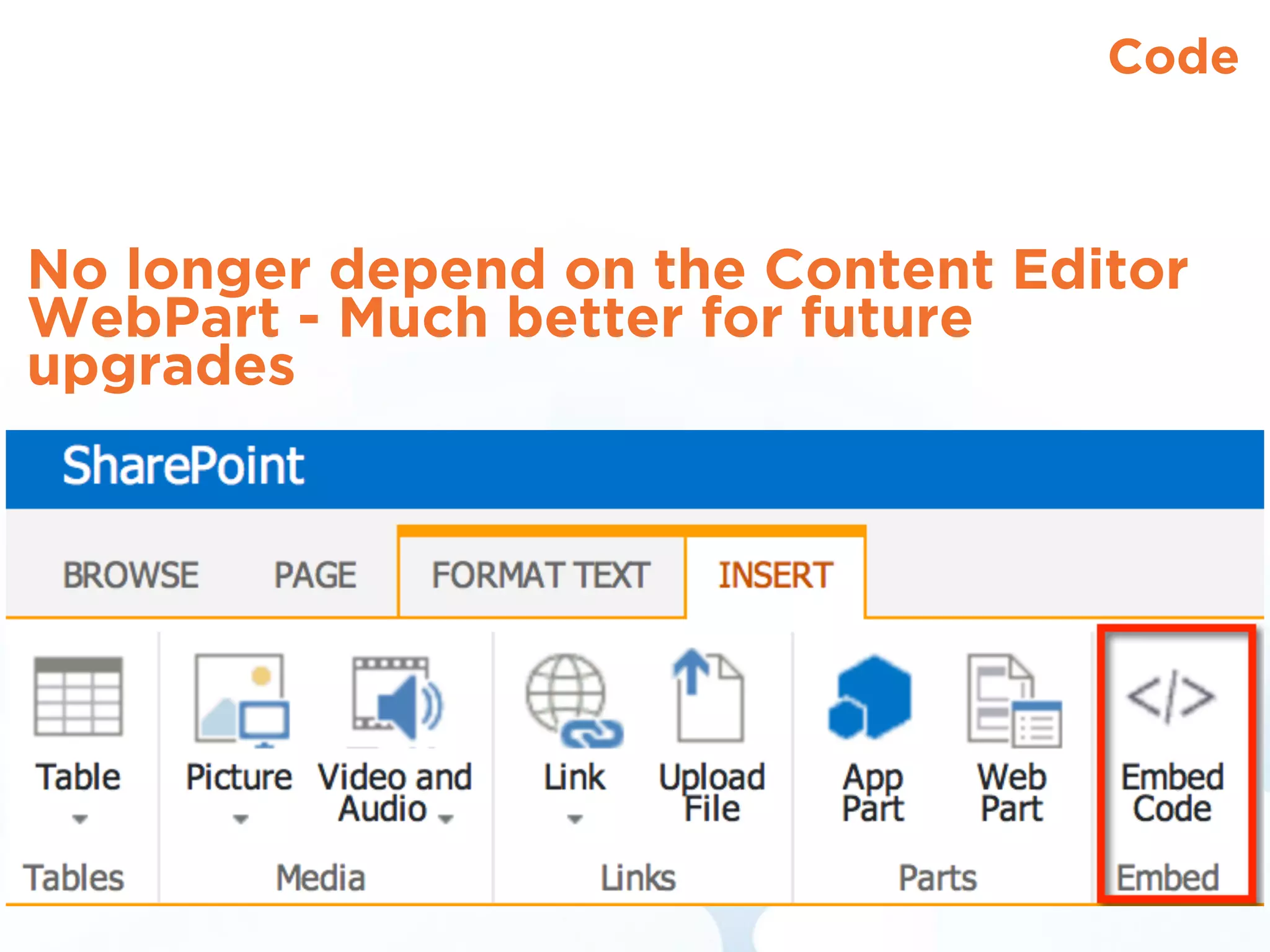 Code
No longer depend on the Content Editor
WebPart - Much better for future
upgrades
 