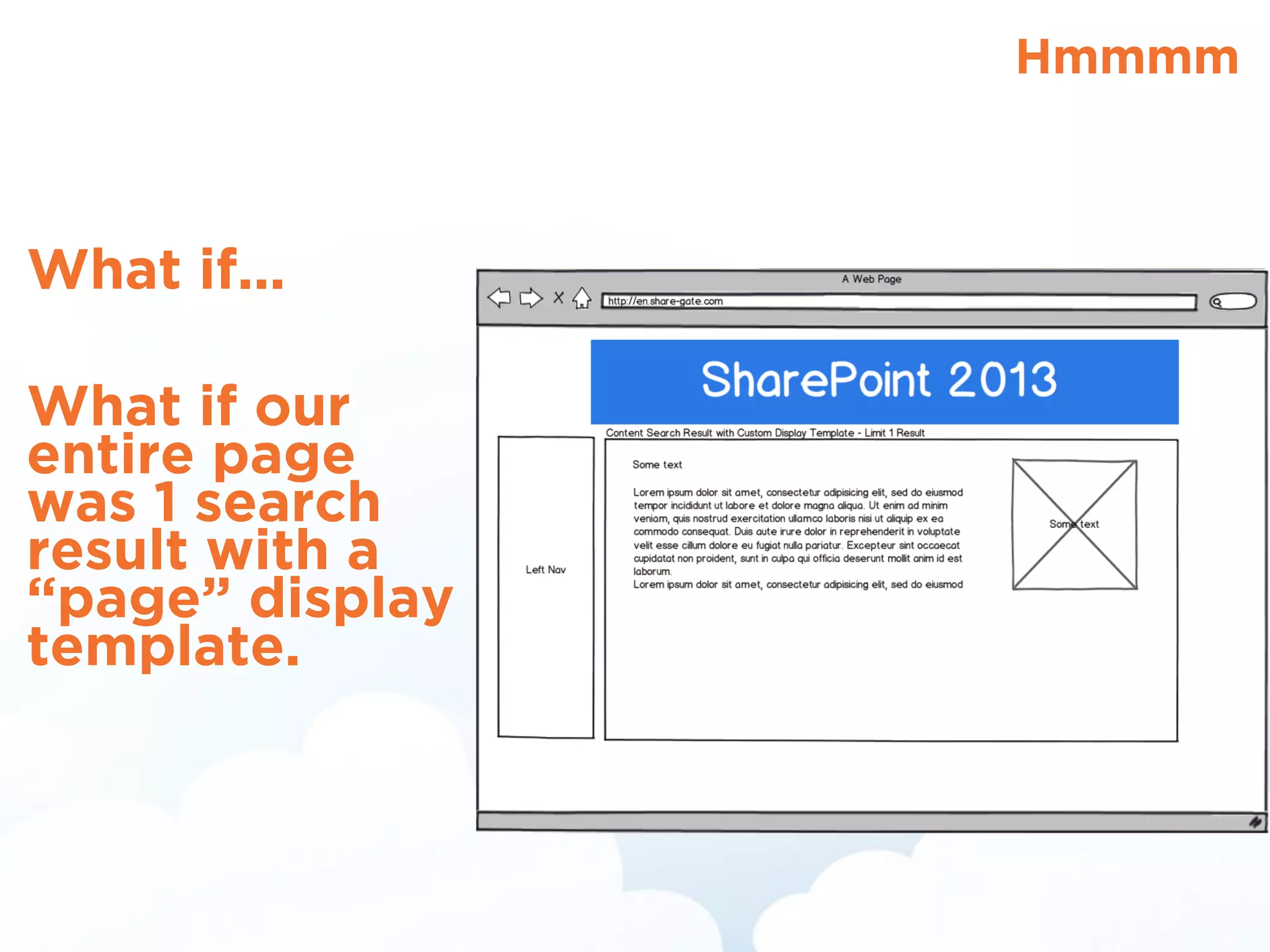 Hmmmm
What if...
!
What if our
entire page
was 1 search
result with a
“page” display
template.
 