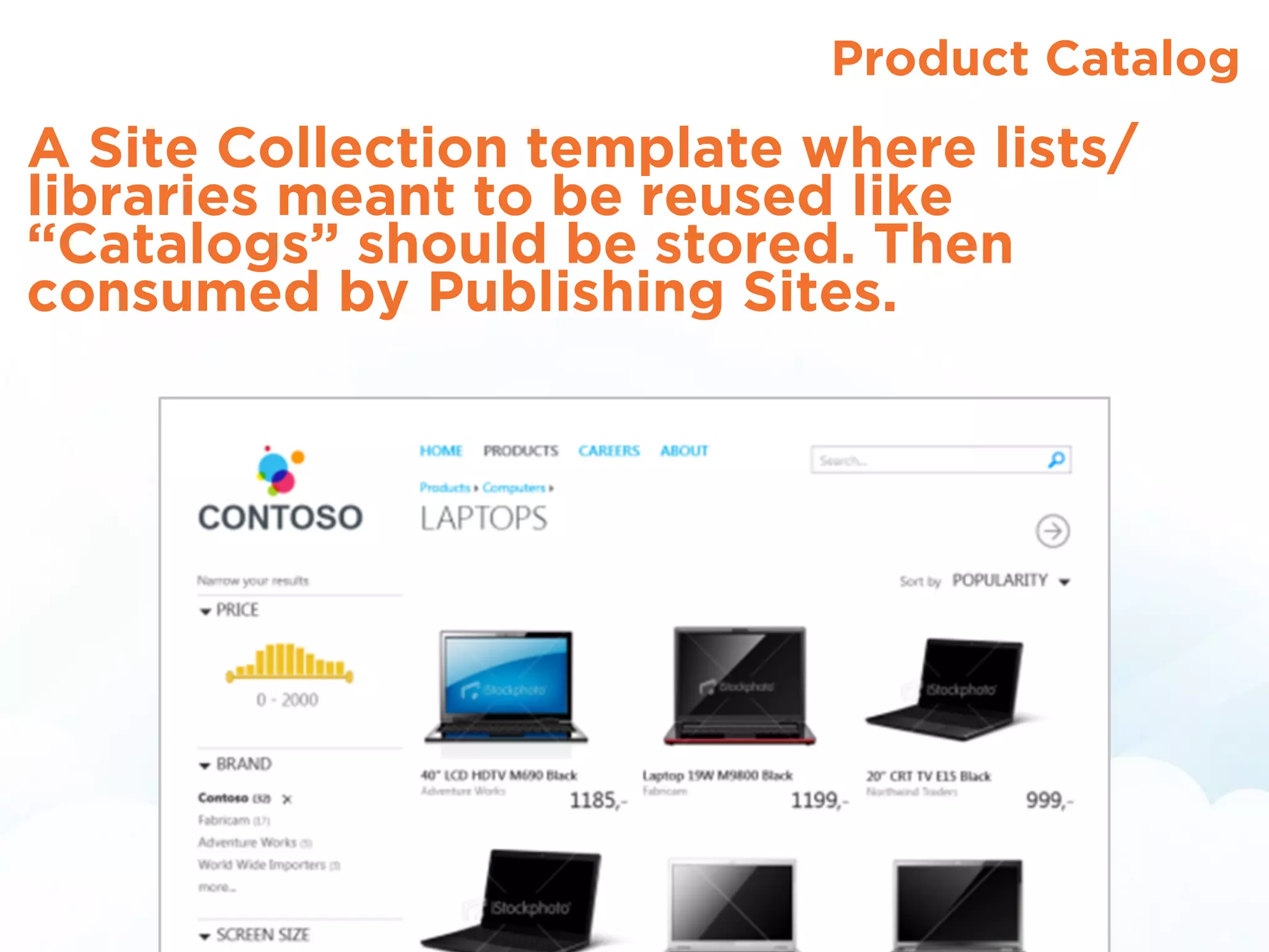 Product Catalog
A Site Collection template where lists/
libraries meant to be reused like
“Catalogs” should be stored. Then
consumed by Publishing Sites.
 
