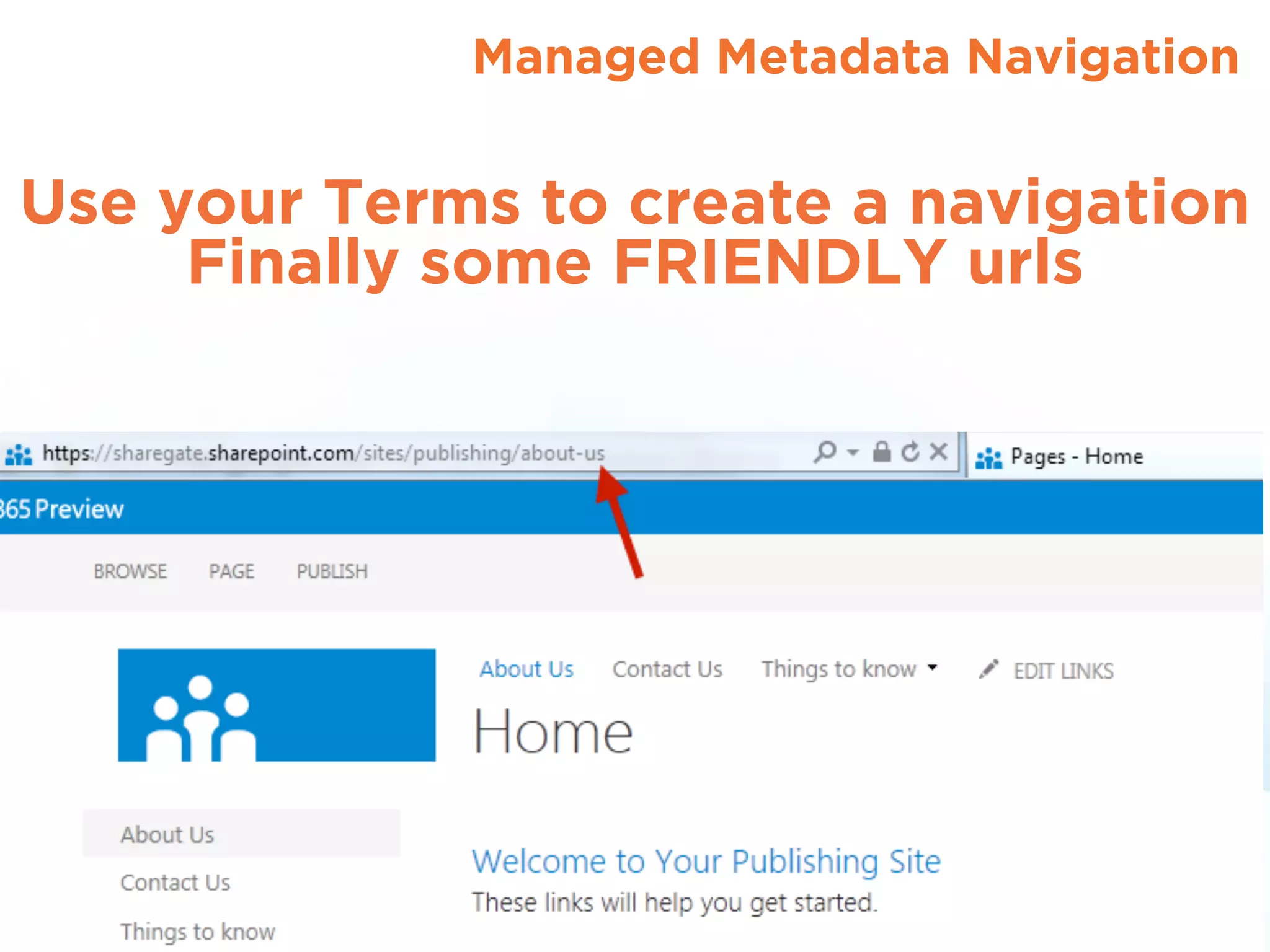 Managed Metadata Navigation
Use your Terms to create a navigation
Finally some FRIENDLY urls
 