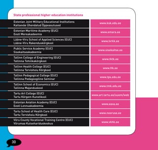 State professional higher education institutions

Estonian Joint Military Educational Institutions        www.ksk.edu.ee
Kaitseväe Ühendatud Õppeasutused
Estonian Maritime Academy (EUC)                         www.emara.ee
Eesti Mereakadeemia
Lääne-Viru School of Applied Sciences (EUC)
                                                         www.lvrkk.ee
Lääne-Viru Rakenduskõrgkool
Public Service Academy (EUC)
                                                       www.sisekaitse.ee
Sisekaitseakadeemia
Tallinn College of Engineering (EUC)
                                                          www.tktk.ee
Tallinna Tehnikakõrgkool
Tallinn Health College (EUC)
                                                          www.ttk.ee
Tallinna Tervishoiu Kõrgkool
Tallinn Pedagogical College (EUC)
                                                        www.tps.edu.ee
Tallinna Pedagoogiline Seminar
Tallinn School of Economics (EUC)
                                                        www.tmk.edu.ee
Tallinna Majanduskool
Tartu Art College (EUC)
                                                   www.art.tartu.ee/uuem/web
Tartu Kõrgem Kunstikool
Estonian Aviation Academy (EUC)
                                                         www.eava.ee
Eesti Lennuakadeemia
Tartu School of Health Care (EUC)
                                                        www.nooruse.ee
Tartu Tervishoiu Kõrgkool
Võru County Vocational Training Centre (EUC)
                                                         www.vkhk.ee
Võrumaa Kutsehariduskeskus




30
 