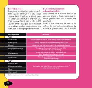 2.3. Tuition fees                                     2.4. Forms of assessment
The amount of tuition fees varies from LTL            and grading system
3,500 (approx. EUR 1,010) to LTL 12,000               Every course in a subject should be
(approx. EUR 3,500) per academic year                 assessed by one of three means: exami-
for undergraduate studies and from LTL                nation, graded credit test or credit test
8,500 (approx. EUR 2,500) to LTL 20,000               (pass/fail).
(approx. EUR 5,800) per academic year                 Either of the three can be oral or in
for graduate studies depending on the                 writing. An examination is evaluated by
institution and the programme chosen.                 a mark. A graded credit test is similar


Marking system                                       Definition
PASS
10 (excellent)                       Excellent performance, outstanding knowledge and skills
9 (very good)                             Strong performance, good knowledge and skills
8 (good)                               Above the average performance, knowledge and skills

7 (highly satisfactory)                     Average performance, knowledge and skills
                                                  with inessential shortcomings

6 (satisfactory)                            Below average performance, knowledge and
                                                skills with substantial shortcomings

5 (sufficient)                                  Knowledge and skills meet minimum
                                                      criteria shortcomings
FAIL*
4 (insufficient)
3 (highly insufficient)                Knowledge and skills do not meet minimum criteria /
                                                   below minimum criteria
2 (poor)
1 (very poor)
*Failed exams (marks from 1 to 4) must be retaken.




56
 