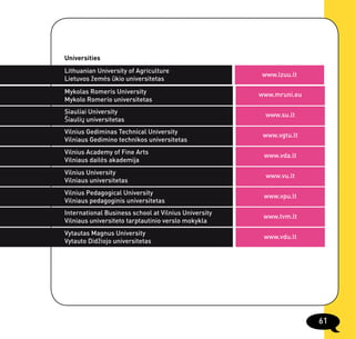 Universities
Lithuanian University of Agriculture
                                                      www.lzuu.lt
Lietuvos žemės ūkio universitetas
Mykolas Romeris University                            www.mruni.eu
Mykolo Romerio universitetas
Siauliai University                                    www.su.lt
Šiaulių universitetas
Vilnius Gediminas Technical University
                                                       www.vgtu.lt
Vilniaus Gedimino technikos universitetas
Vilnius Academy of Fine Arts
                                                       www.vda.lt
Vilniaus dailės akademija
Vilnius University
                                                       www.vu.lt
Vilniaus universitetas
Vilnius Pedagogical University
                                                       www.vpu.lt
Vilniaus pedagoginis universitetas
International Business school at Vilnius University
                                                       www.tvm.lt
Vilniaus universiteto tarptautinio verslo mokykla
Vytautas Magnus University
                                                       www.vdu.lt
Vytauto Didžiojo universitetas




                                                                     61
 