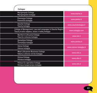 Colleges
   Marijampole College
                                                                  www.marko.lt
   Marijampolės kolegija
   Panevezys College
                                                                  www.panko.lt
   Panevėžio kolegija
   Siauliai College
                                                              www.siauliukolegija.lt
   Šiaulių kolegija
College of Management, Law and Languages in Siauliai Region
                                                                www.kolegija.com
Šiaulių krašto vadybos, teisės ir kalbų kolegija
   Northern Lithuania College
                                                                   www.slk.lt
   Šiaurės Lietuvos kolegija
   Zemaitijos College
                                                                  www.zemko.lt
   Žemaitijos kolegija
   Utena College
                                                              www.utenos-kolegija.lt
   Utenos kolegija
   West Lithuanian Business College
                                                                   www.vlvk.lt
   Vakarų Lietuvos verslo kolegija
   Vilnius College
                                                                   www.viko.lt
   Vilniaus kolegija
   Vilnius Co-operative College
                                                                   www.vkk.lt
   Vilniaus kooperacijos kolegija




                                                                                       63
 