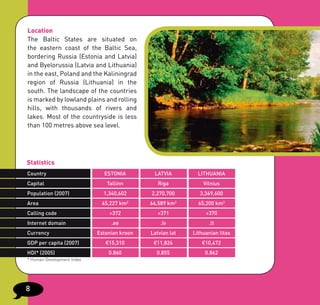 Location
The Baltic States are situated on
the eastern coast of the Baltic Sea,
bordering Russia (Estonia and Latvia)
and Byelorussia (Latvia and Lithuania)
in the east, Poland and the Kaliningrad
region of Russia (Lithuania) in the
south. The landscape of the countries
is marked by lowland plains and rolling
hills, with thousands of rivers and
lakes. Most of the countryside is less
than 100 metres above sea level.




Statistics
Country                       ESTONIA         LATVIA         LITHUANIA
Capital                        Tallinn          Riga           Vilnius
Population (2007)             1,340,602      2,270,700        3,369,600
Area                         45,227 km2      64,589 km2      65,200 km2
Calling code                    +372            +371            +370
Internet domain                  .ee             .lv             .lt
Currency                    Estonian kroon   Latvian lat   Lithuanian litas
GDP per capita (2007)          €15,310        €11,826         €10,472
HDI* (2005)                     0.860          0.855            0.862
* Human Development Index




8
 