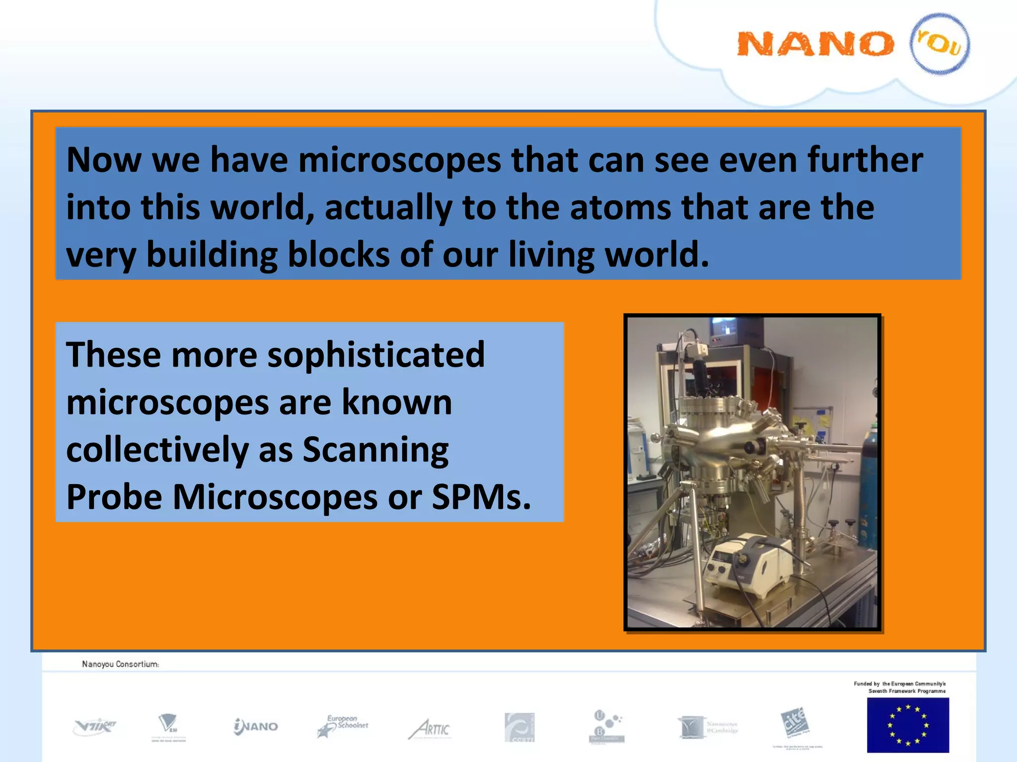 Now we have microscopes that can see even further into this world, actually to the atoms that are the very building blocks of our living world.  These more sophisticated microscopes are known collectively as Scanning Probe Microscopes or SPMs.  