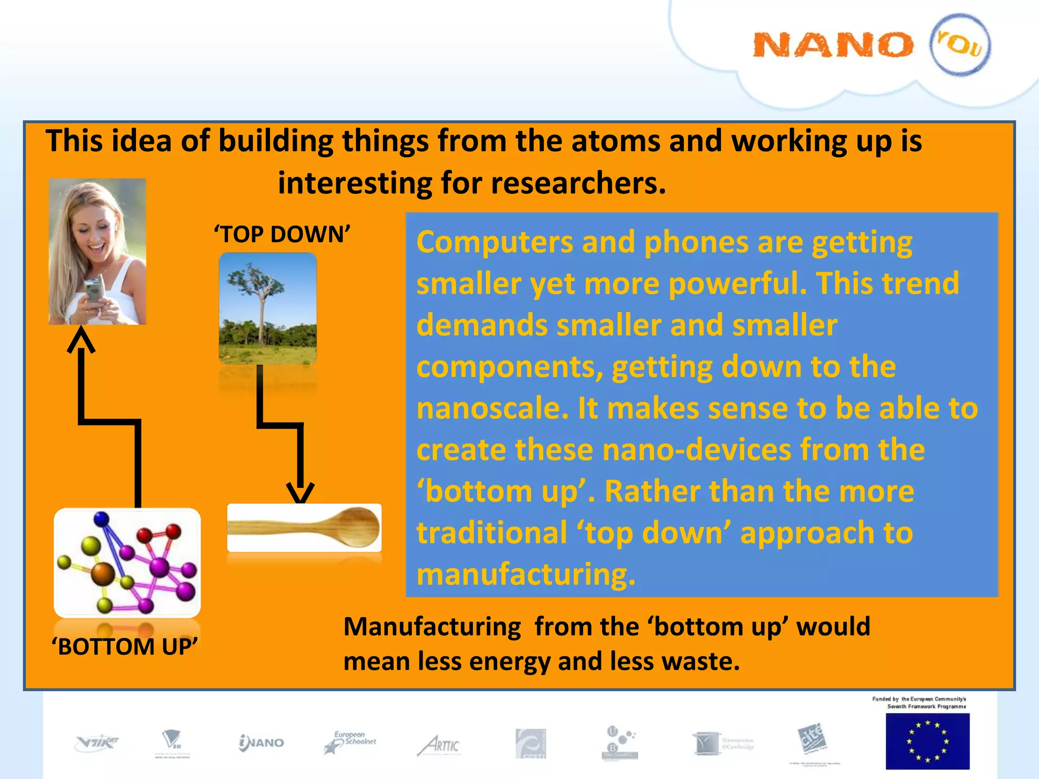 This idea of building things from the atoms and working up is interesting for researchers.    Computers and phones are getting smaller yet more powerful. This trend demands smaller and smaller components, getting down to the nanoscale. It makes sense to be able to create these nano-devices from the ‘bottom up’. Rather than the more traditional ‘top down’ approach to manufacturing. Manufacturing  from the ‘bottom up’ would mean less energy and less waste. ‘ BOTTOM UP’ ‘ TOP DOWN’ 