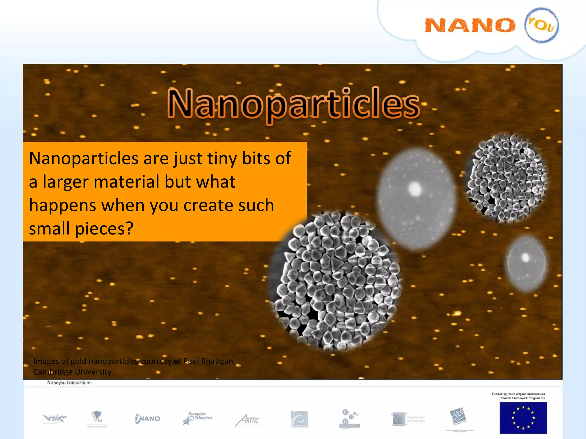 Nanoparticles are just tiny bits of a larger material but what happens when you create such small pieces? Images of gold nanoparticles courtsey of Paul Rhatigan, Cambridge University. 