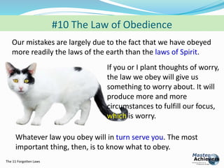 The 11 Forgotten Laws 
#10 The Law of Obedience 
Our mistakes are largely due to the fact that we have obeyed 
more readil...
