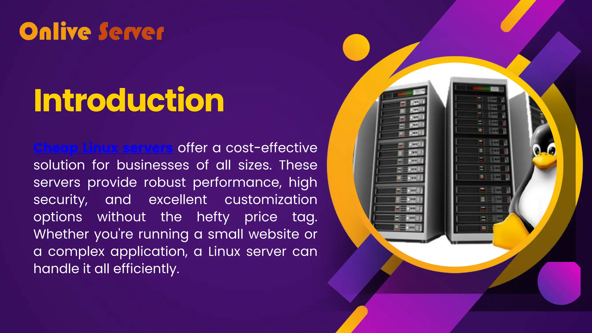 Cheap Linux servers offer a cost-effective
solution for businesses of all sizes. These
servers provide robust performance, high
security, and excellent customization
options without the hefty price tag.
Whether you're running a small website or
a complex application, a Linux server can
handle it all efficiently.
Introduction
 