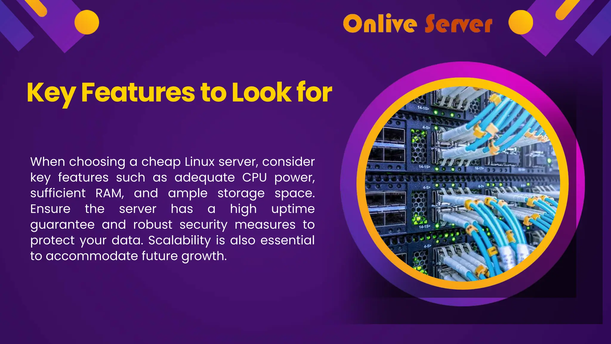 Key Features to Look for
When choosing a cheap Linux server, consider
key features such as adequate CPU power,
sufficient RAM, and ample storage space.
Ensure the server has a high uptime
guarantee and robust security measures to
protect your data. Scalability is also essential
to accommodate future growth.
 
