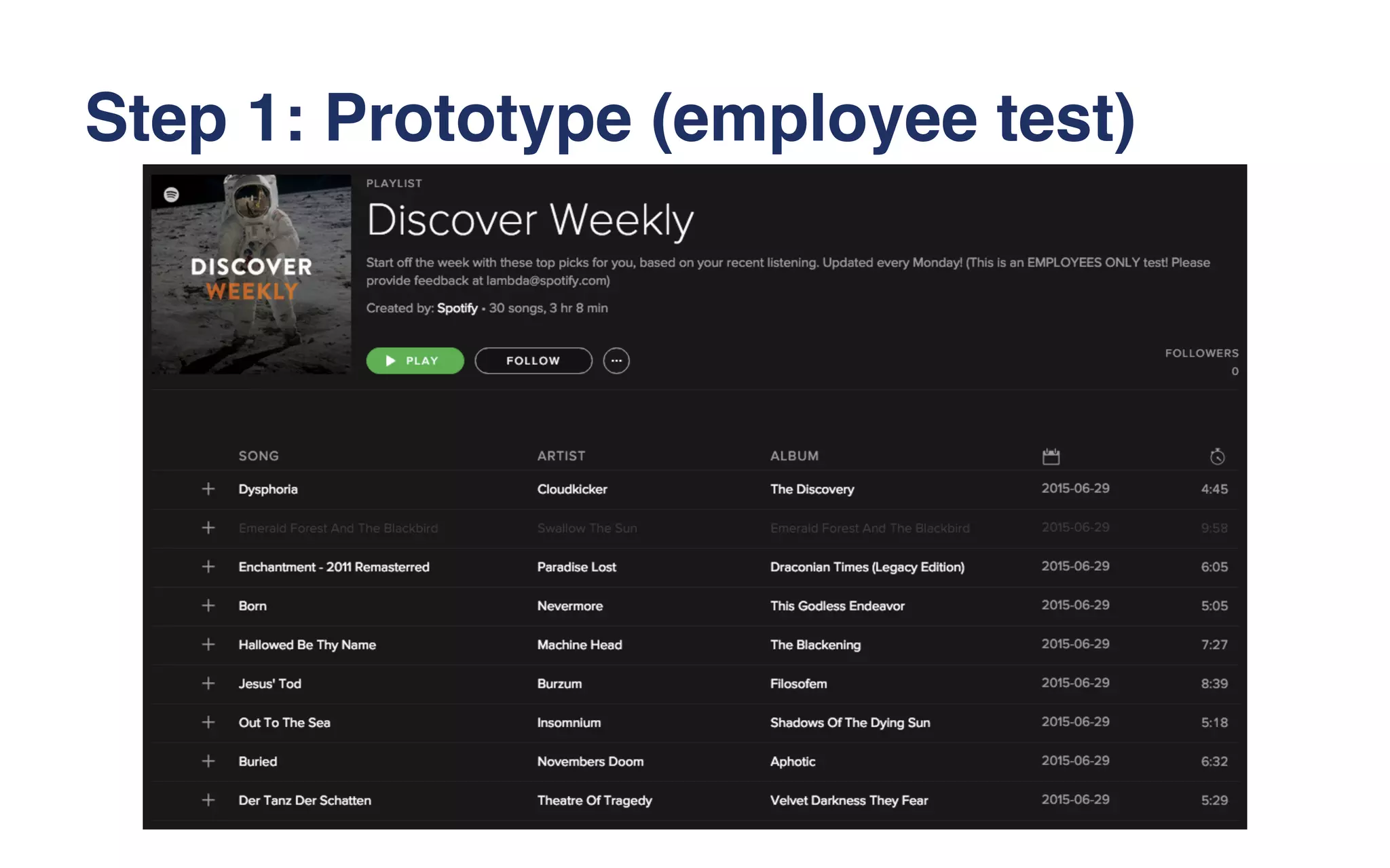Step 1: Prototype (employee test)
 