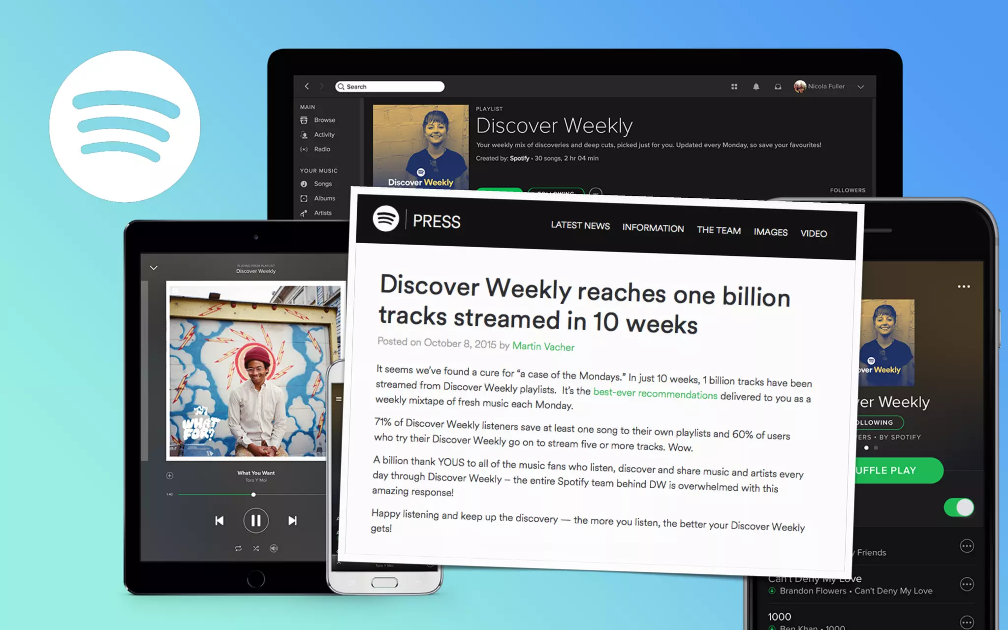 Discover Weekly
• Started in 2006, now available in 58 markets
• 75+ Million active users, 20 Million paying subscribers
• 30+ Million songs, 20,000 new songs added per day
• 1.5 Billion user generated playlists
• 1 TB user data logged per day
• 1,700 node Hadoop cluster
• 10,000+ Hadoop jobs run daily
 