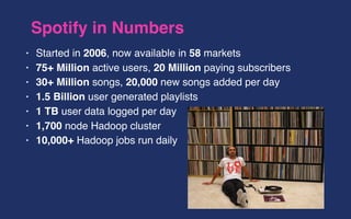 Spotify in Numbers
• Started in 2006, now available in 58 markets
• 75+ Million active users, 20 Million paying subscribers
• 30+ Million songs, 20,000 new songs added per day
• 1.5 Billion user generated playlists
• 1 TB user data logged per day
• 1,700 node Hadoop cluster
• 10,000+ Hadoop jobs run daily
 