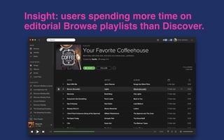 Insight: users spending more time on
editorial Browse playlists than Discover.
 