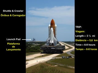 Shuttle & Crawler Ônibus & Carregador Launch Pad Plataforma de Lançamento TRIP: Viagem: Length--- 3 ½  mi Distância -- 5,6  km   Time--- 6-8 hours Tempo – 6-8 horas 