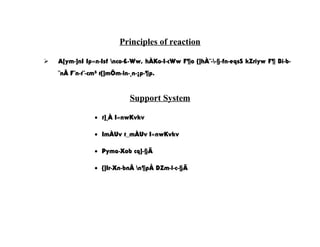 Principles of reaction 
 A[ym-]nI Ip«n-Isf nco-£-Ww, hÀKo-I-cWw F¶o {]hÀ¯--§-fn-eqsS kZriyw F¶ Bi-b- 
¯nÂ F¯n-t¨-cm³ t{]mÕm-ln-¸n-¡p-¶p. 
Support System 
· t]¸À I«nwKvkv 
· ImÀUv t_mÀUv I«nwKvkv 
· Pyma-Xob cq]-§Ä 
· {]Ir-Xn-bnÂ n¶pÅ DZm-l-c-§Ä 
 