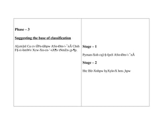 Phase – 3 
Suggesting the base of classification 
A[ym]nI Cu cv tÌPn-tâbpw ASn-Øm--¯nÂ Chsb 
F§-s-bmWv Xcw-Xn-cn-¨-sX¶v tNmZn-¡p-¶p. 
Stage – 1 
Pyman-Xob cq]-§-fpsS ASn-Øm--¯nÂ 
Stage – 2 
Htc BIr-Xnbpw hyXykvX hen-¸hpw 
 
