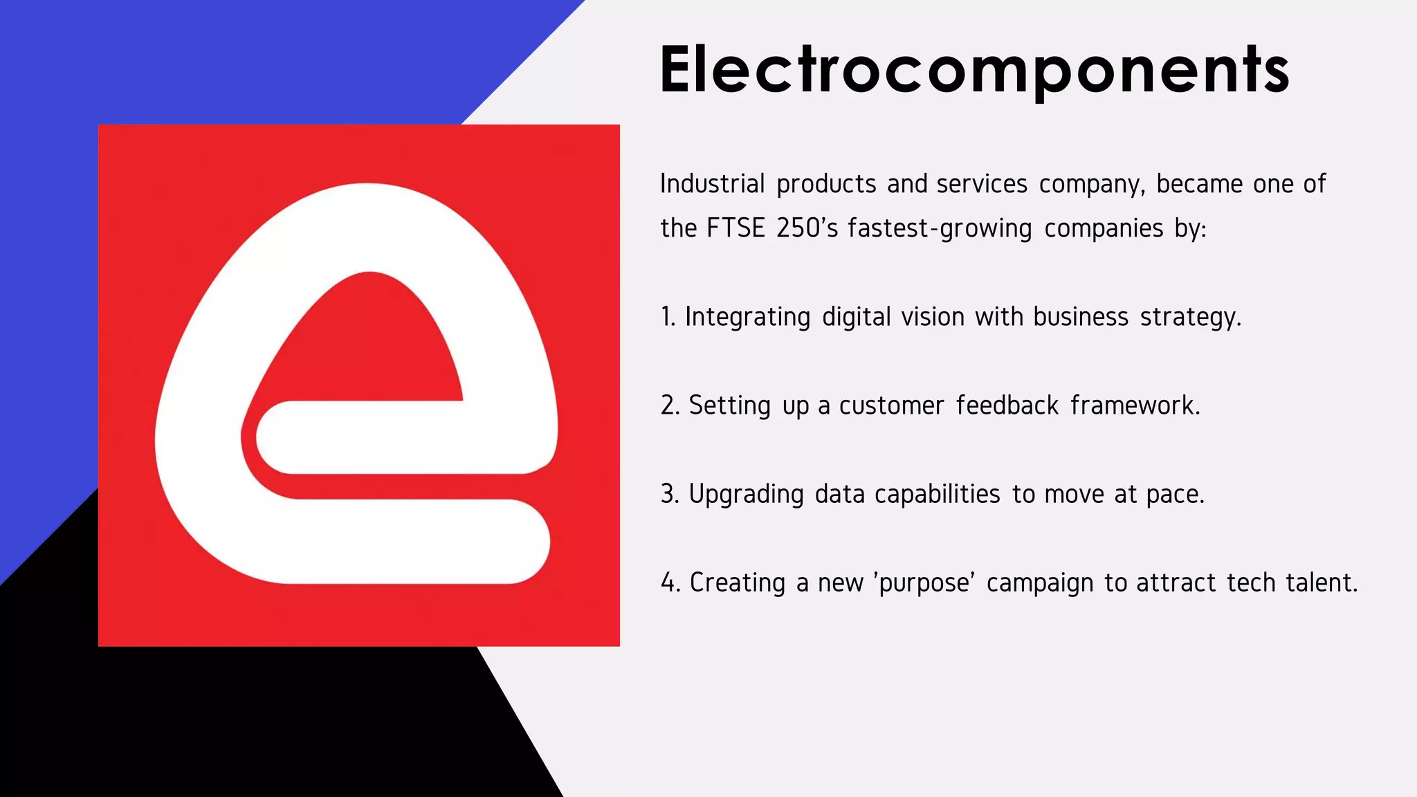 Industrial products and services company, became one of
the FTSE 250's fastest-growing companies by:
1. Integrating digital vision with business strategy.
2. Setting up a customer feedback framework.
3. Upgrading data capabilities to move at pace.
4. Creating a new 'purpose' campaign to attract tech talent.
Electrocomponents
 