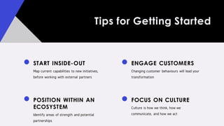 Tips for Getting Started
START INSIDE-OUT
Map current capabilities to new initiatives,
before working with external partners
POSITION WITHIN AN
ECOSYSTEM
Identify areas of strength and potential
partnerships
ENGAGE CUSTOMERS
Changing customer behaviours will lead your
transformation
FOCUS ON CULTURE
Culture is how we think, how we
communicate, and how we act
 