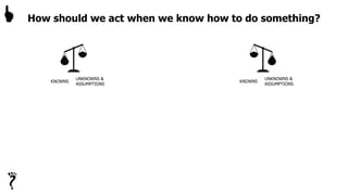 How should we act when we know how to do something?
KNOWNS
UNKNOWNS &
ASSUMPTIONS
KNOWNS
UNKNOWNS &
ASSUMPTIONS

 