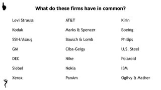 What do these firms have in common?
Levi Strauss AT&T Kirin
Kodak Marks & Spencer Boeing
SSIH/Asaug Bausch & Lomb Philips
GM Ciba-Geigy U.S. Steel
DEC Nike Polaroid
Siebel Nokia IBM
Xerox PanAm Ogilvy & Mather

 