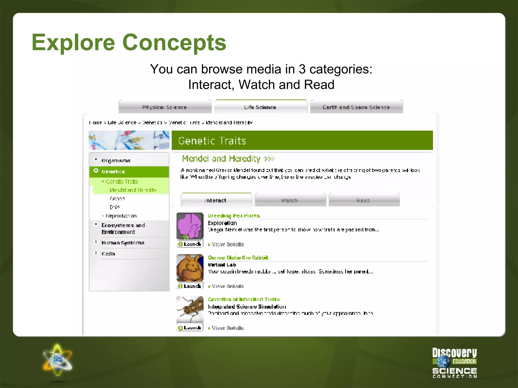 Explore Concepts You can browse media in 3 categories: Interact, Watch and Read 