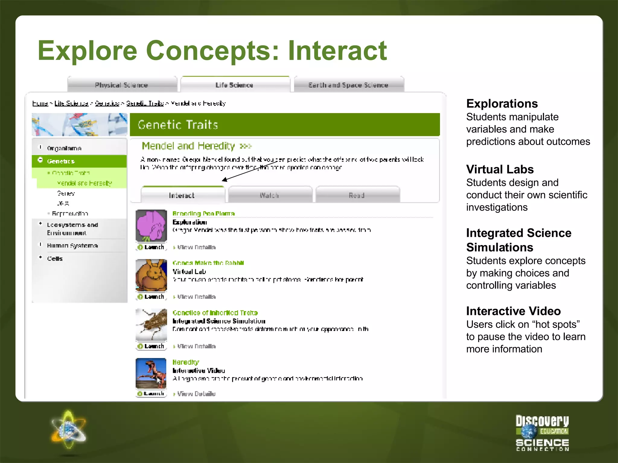 Explore Concepts: Interact Explorations Students manipulate variables and make predictions about outcomes Virtual Labs Students design and conduct their own scientific investigations Integrated Science Simulations Students explore concepts by making choices and controlling variables Interactive Video Users click on “hot spots” to pause the video to learn more information 