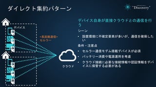 ダイレクト集約パターン
デバイス自身が直接クラウドとの通信を行
う
シーン
• 設置環境に不確定要素が多いが、通信を確保した
い
条件・注意点
• セルラー通信モデム搭載デバイスが必須
• バッテリー消費や電源運用を考慮
• クラウド接続に必要な接続情報や認証情報をデバ
イスに保管する必要がある
デバイス
クラウド
<長距離通信>
セルラー
 