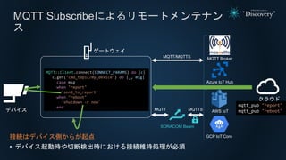 MQTT Subscribeによるリモートメンテナン
ス
接続はデバイス側からが起点
• デバイス起動時や切断検出時における接続維持処理が必須
MQTT::Client.connect(CONNECT_PARAMS) do |c|
c.get("cmd_topic/my_device") do |_, msg|
case msg
when "report"
`send_to_report`
when "reboot"
`shutdown -r now`
end
ゲートウェイ
デバイス
MQTT/MQTTS
MQTT MQTTS
SORACOM Beam
mqtt_pub "report"
mqtt_pub "reboot"
クラウド
Azure IoT Hub
MQTT Broker
AWS IoT
GCP IoT Core
 