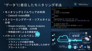 “データ”に着目したモニタリング手法
• モニタリングミドルウェアの利用
• Zabbixの nodata関数
• ストリーミングデータ・リアルタイム
分析
• Stream Analytics、Kinesis Analytics
→ ウィンドウ関数、JOIN等
• 特徴量分析による欠損値補完
• パケット・インスペクション
• SORACOM Junction
トラフィックの統計情報、
パケットミラーリングを利用した分析や
アラートトリガー
Azure Stream Analytics クエリ
SELECT
t1.time,
t1.dspl AS SensorName
INTO
output
FROM
InputStream t1 TIMESTAMP BY time
LEFT OUTER JOIN InputStream t2 TIMESTAMP BY time
ON
t1.dspl=t2.dspl AND
DATEDIFF(second,t1,t2) BETWEEN 1 and 5
WHERE t2.dspl IS NULL
https://docs.microsoft.com/ja-jp/azure/stream-analytics/stream-analytics-get-started-
with-azure-stream-analytics-to-process-data-from-iot-devices
NEW
 