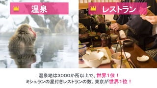 食温泉
温泉地は３０００か所以上で、世界１位！
ミシュランの星付きレストランの数、東京が世界１位！
レストラン
 