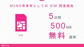 M V N O 事 業 者 と し て の S I M 関 連 機 能
無料 提供
5日間
500MB
S I M
 