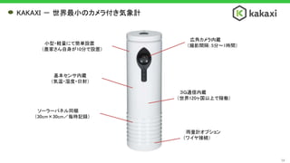 KAKAXI － 世界最小のカメラ付き気象計
58
広角カメラ内蔵
（撮影間隔：5分〜1時間）小型・軽量にて簡単設置
（農家さん自身が10分で設置）
３Ｇ通信内蔵
（世界120ヶ国以上で稼働）
基本センサ内蔵
（気温・湿度・日射）
ソーラーパネル同梱
（30cm×30cm／毎時記録）
雨量計オプション
（ワイヤ接続）
 