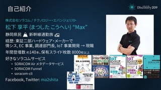 自己紹介
株式会社ソラコム / テクノロジー・エバンジェリスト
松下 享平 (まつした こうへい) “Max”
静岡県民 🗻 新幹線通勤族 🚅
経歴: 東証二部ハードウェア・メーカーで
情シス, EC 事業, 調達部門長, IoT 事業開発 → 現職
年間登壇数 約140本、保有スライド枚数 8000枚以上
好きなソラコムサービス
• SORACOM Air メタデータサービス
• SORACOM Funnel
• soracom-cli
Facebook, Twitter: ma2shita
 