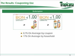 The Results: Couponing Use


                         Redemption




                 8,7% On Average by coupon
                 17% On Average by household




                                               18
 