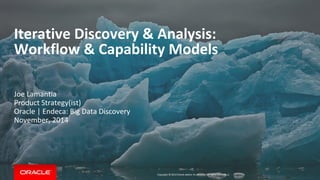Iterative Discovery & Analysis: 
Workflow & Capability Models 
Copyright © 2014 Oracle and/or its affiliates. All rights reserved. | 
Joe Lamantia 
Product Strategy(ist) 
Oracle | Endeca: Big Data Discovery 
November, 2014 
 