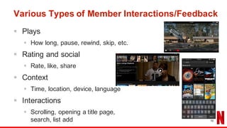 Various Types of Member Interactions/Feedback
§ Plays
§ How long, pause, rewind, skip, etc.
§ Rating and social
§ Rate, like, share
§ Context
§ Time, location, device, language
§ Interactions
§ Scrolling, opening a title page,
search, list add 10
 
