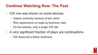 Continue Watching Row: The Past
§ CW row was shown on some devices
§ Videos sorted by recency of last watch
§ Row appearance on page by business rules
§ On the website, only a single CW title
§ A very significant fraction of plays are continuations
§ CW deserved a better treatment
20
 