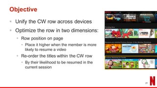 Objective
§ Unify the CW row across devices
§ Optimize the row in two dimensions:
§ Row position on page
§ Place it higher when the member is more
likely to resume a video
§ Re-order the titles within the CW row
§ By their likelihood to be resumed in the
current session
21
 